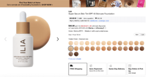 Sephora shopping page showing omnichannel options alongside customer options to use technology to shade match.